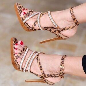 Women's Leopard Print Rhinestone Strappy High Heels